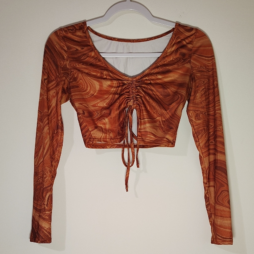Y2K Inspired Swirl Patterned Rust Long Sleeve Crop Top